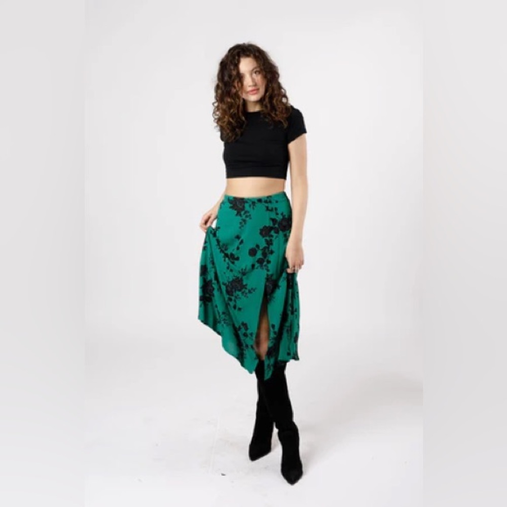 NWT Band Of The Free ETTA EMERALD FLORAL MIDI SKIRT Bohemian Split Button decor